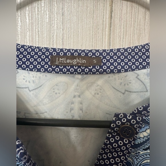 J. MCLAUGHLIN Catalina Cloth Stretch Popover Tunic Blue White Print X - Picture 5 of 6